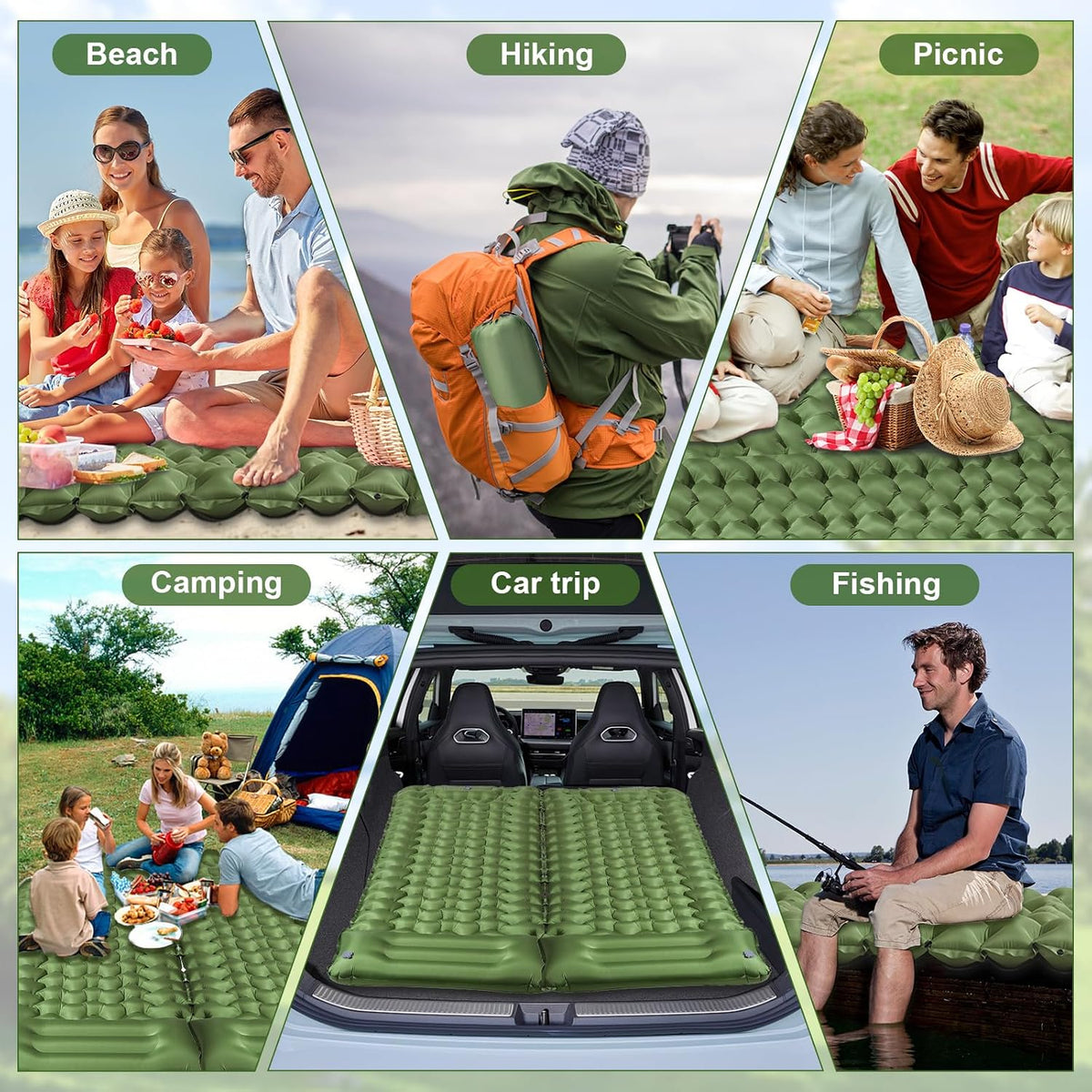 Sleeping Pad,Inflatable Camping Mat with Pillow & Foot Pump-Green