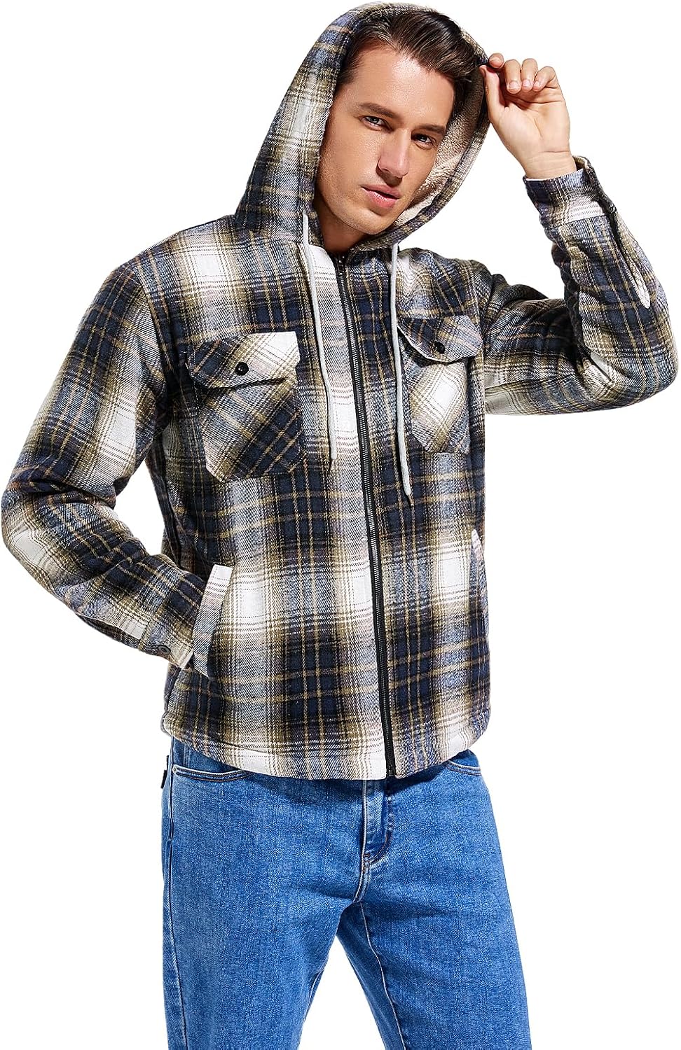 Men's Zip Up Flannel Shirt Jacket Fleece Lined with Hood