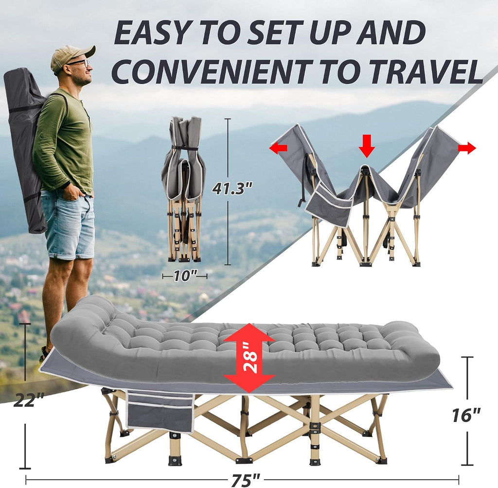 Folding Camping Cot with Mattress for Adults,28" Wide,600LBS