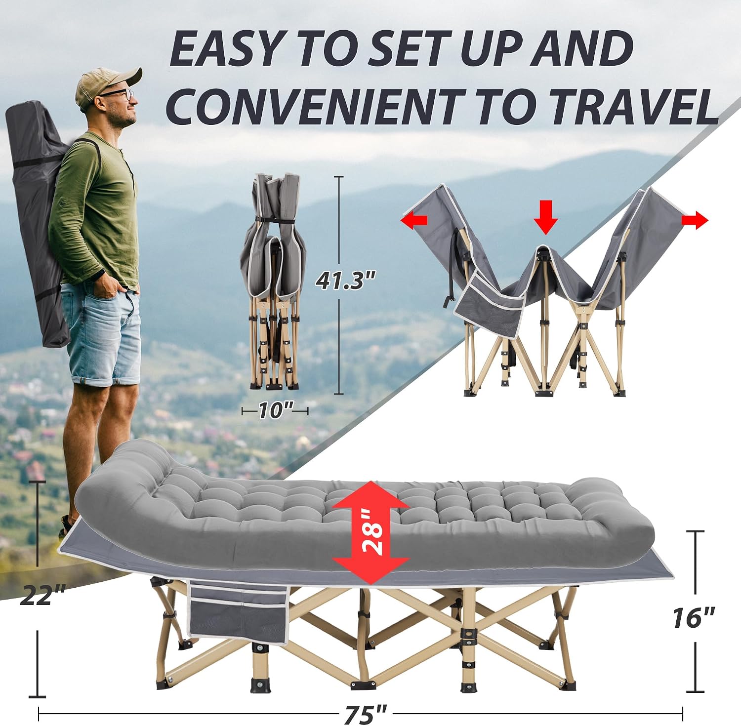 Folding Camping Cot with Mattress for Adults,28" Wide,600LBS