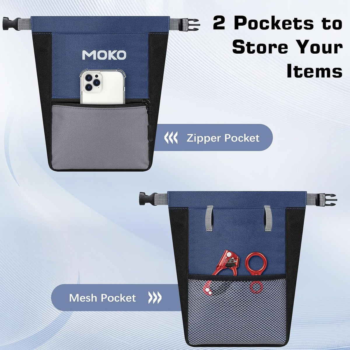 MoKo Chalk Bag for Rock Climbing, Large Capacity Climbing Chalk Bag with Magnetic Snap and Zipper Pocket, Portable Chalk Bucket for Rock Climbing, Weight Lifting, Bouldering, Gymnastics, Fitness