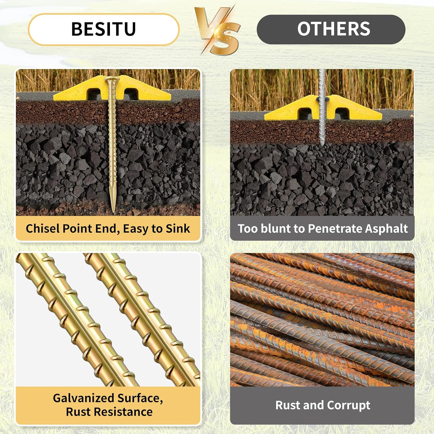 Besitu 16 Inch Rebar Stakes 1/2 Inch Diameter Galvanized Steel Ground Anchors Heavy Duty Anchoring Spikes for Speed Bump, Parking Curb and Tent (10 Pack)