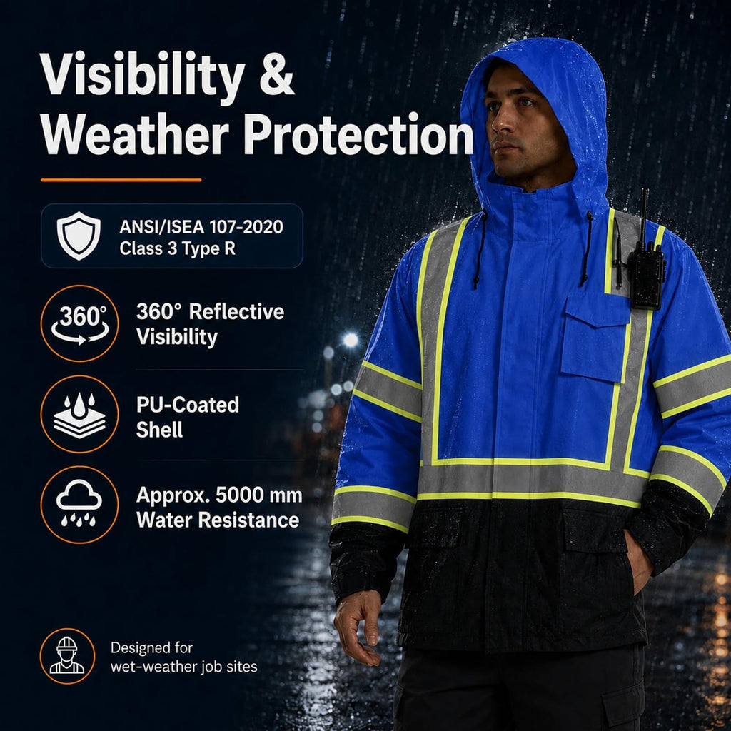 SKSAFETY Hi Vis Safety Rain Jacket for Men, Construction Work Rain Gear Heavy Duty Class 3 Rain Coat Waterproof Lightweight