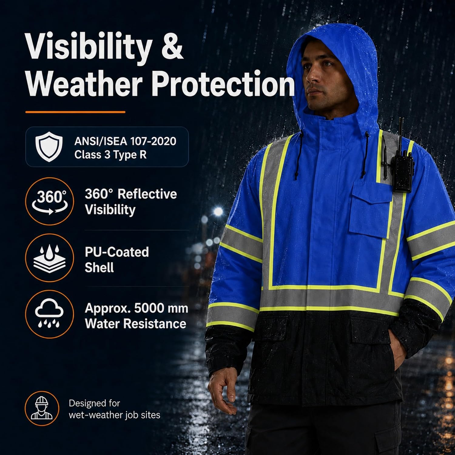 SKSAFETY Hi Vis Safety Rain Jacket for Men, Construction Work Rain Gear Heavy Duty Class 3 Rain Coat Waterproof Lightweight