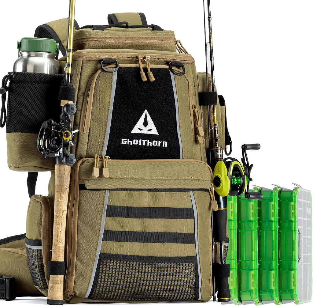 Ghosthorn 43L Fishing Tackle Backpack with 4 Tackle Boxes & Rod Holder