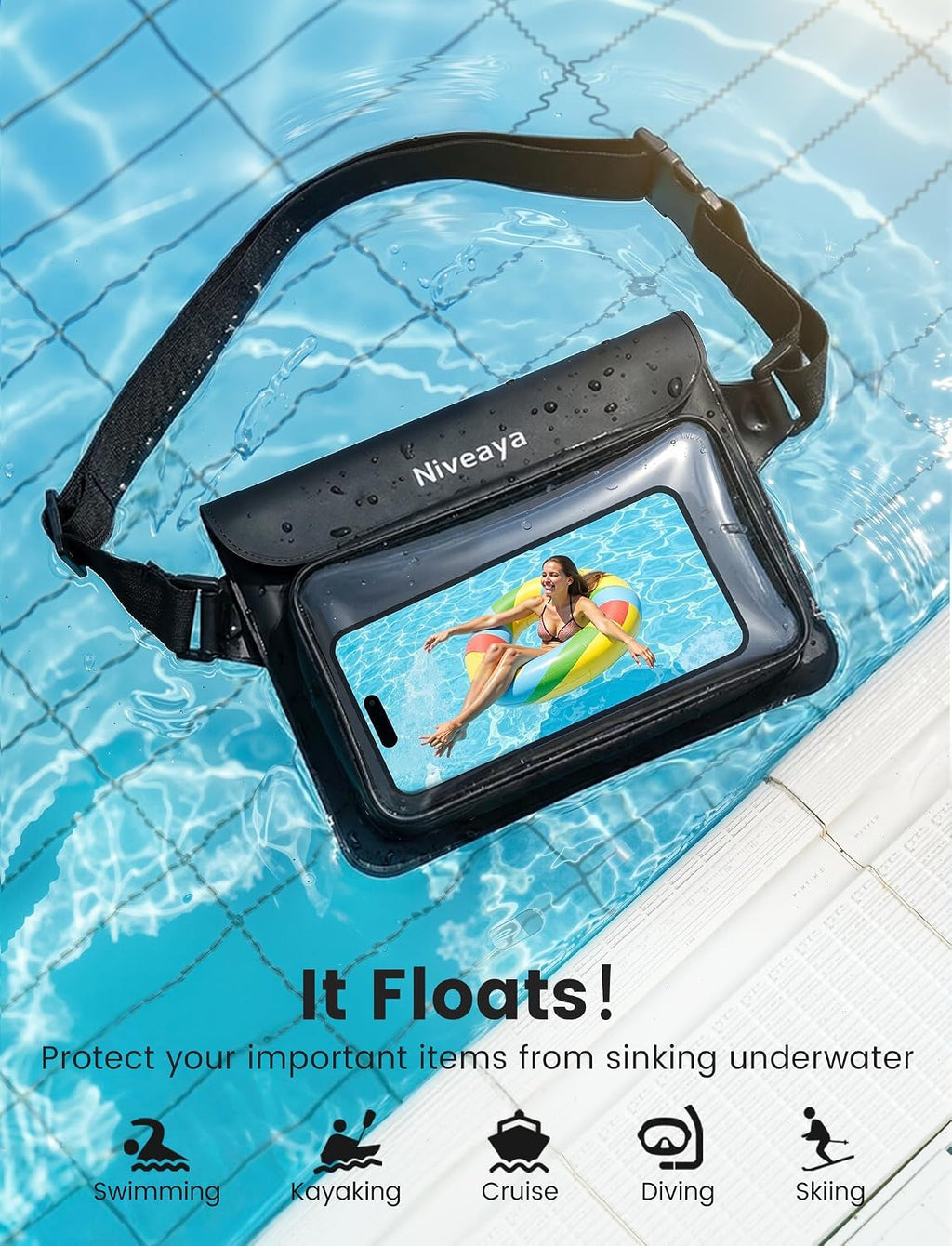Niveaya IPX8 Floating Waterproof Fanny Pack Holds Phone, Passport & Cash
