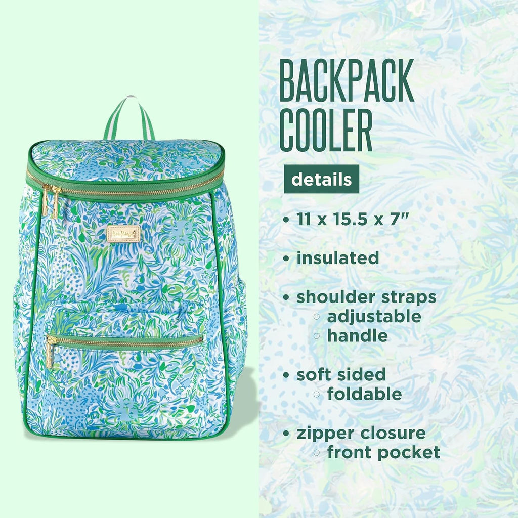 Lilly Pulitzer Insulated Backpack Cooler Large Capacity, Green Portable Soft Cooler Bag for Picnics, Beach, Pool, Hiking, Dandy Lions
