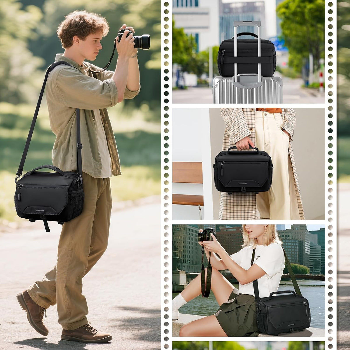 RAINSMORE Camera Bag, Small Camera Sling Bag Waterproof Camera Case, Black