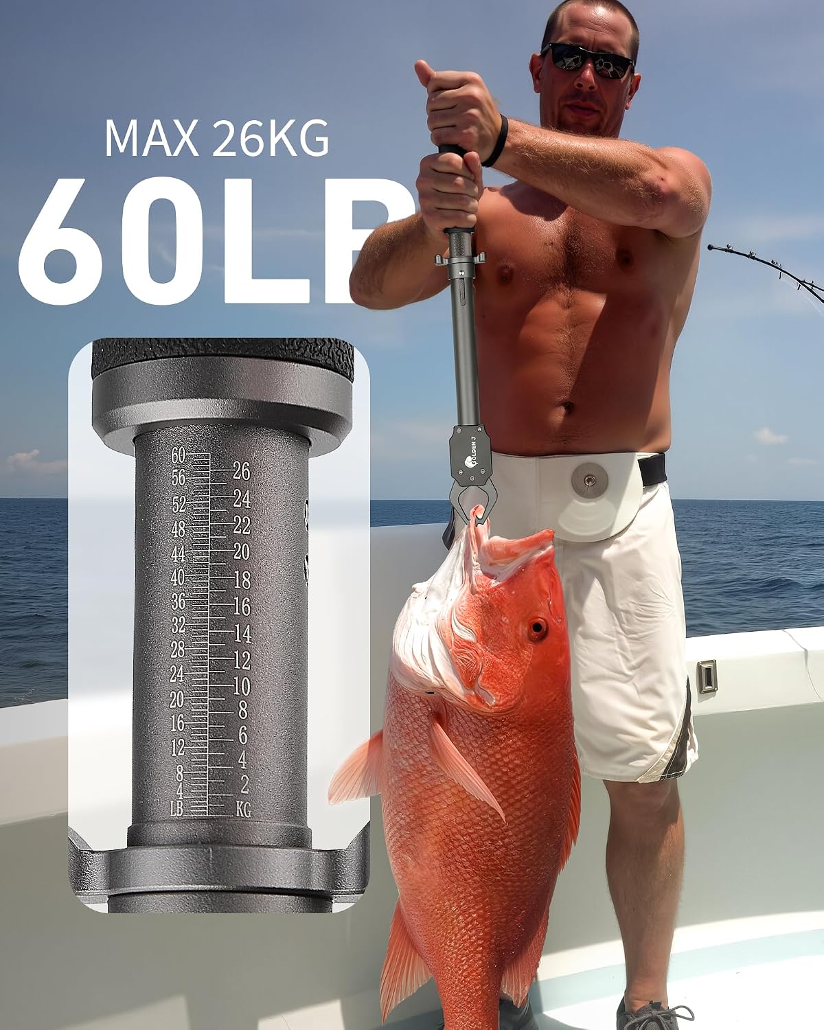GOLDEN J 16" Fish Lip Gripper - Heavy-Duty & Saltwater Proof, Aircraft-Grade Aluminum Alloy, 60LB Capacity, Non-Slip 360° TPR Swivel Handle & Anti-Escape Push Rod, for Surf, Ice, Fresh/Saltwater
