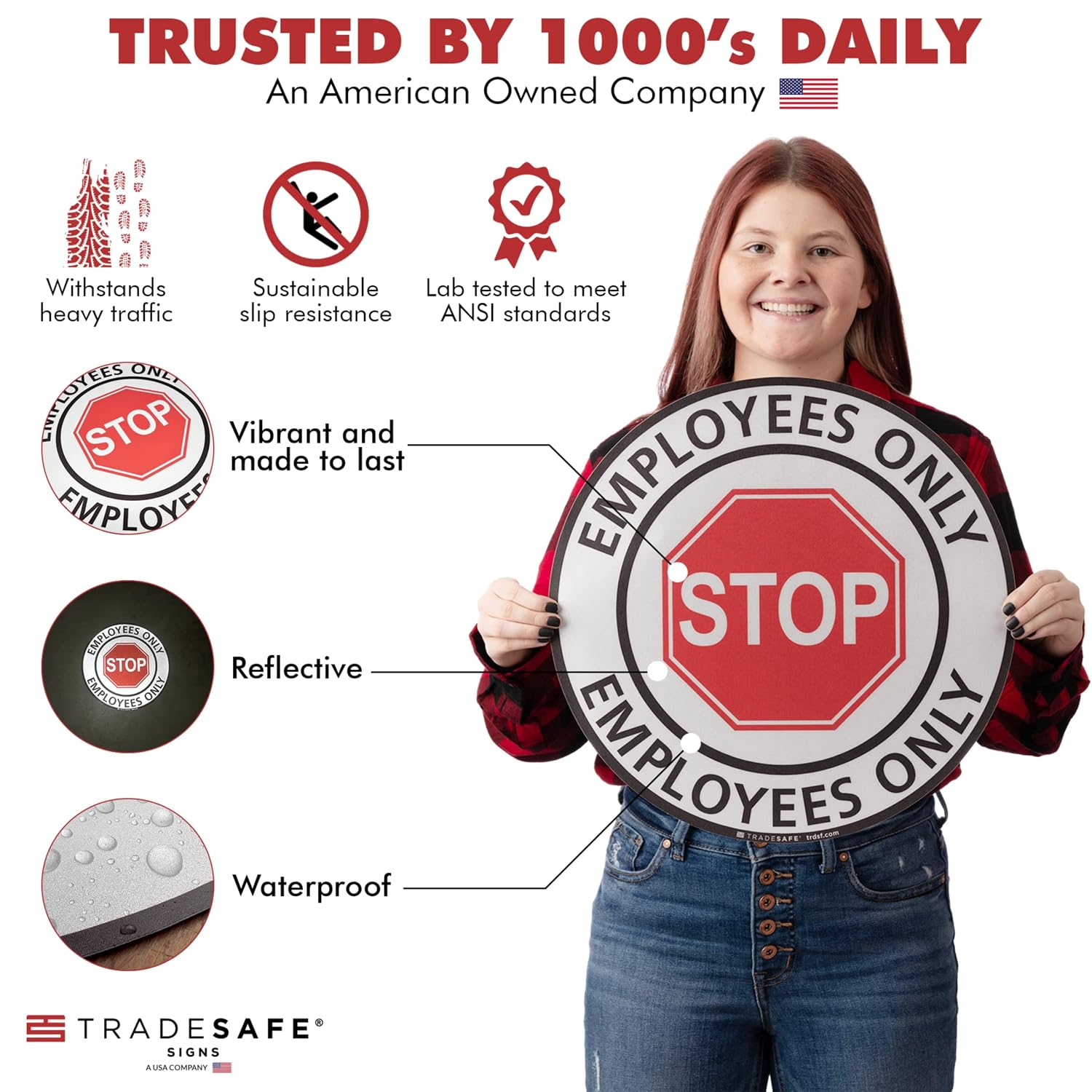 TRADESAFE Stop - Employees Only Anti-Slip Floor Sticker - Employees Only Beyond This Point Floor Sign, Peel and Stick Adhesive Vinyl Sign, ANSI-Compliant, 17” Diameter Round Sticker
