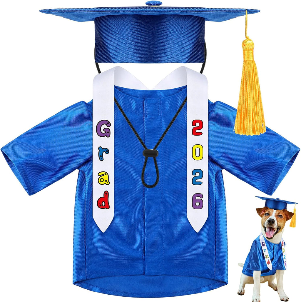 Chicingyou Small Dog Graduation Cap and Gown 2026 with Stole Washable Shirt and Hat Pet Graduation Gown Costume Outfit for Tiny Dog Little Cat Doll Clothes Holiday Halloween Costume Accessory(Blue)