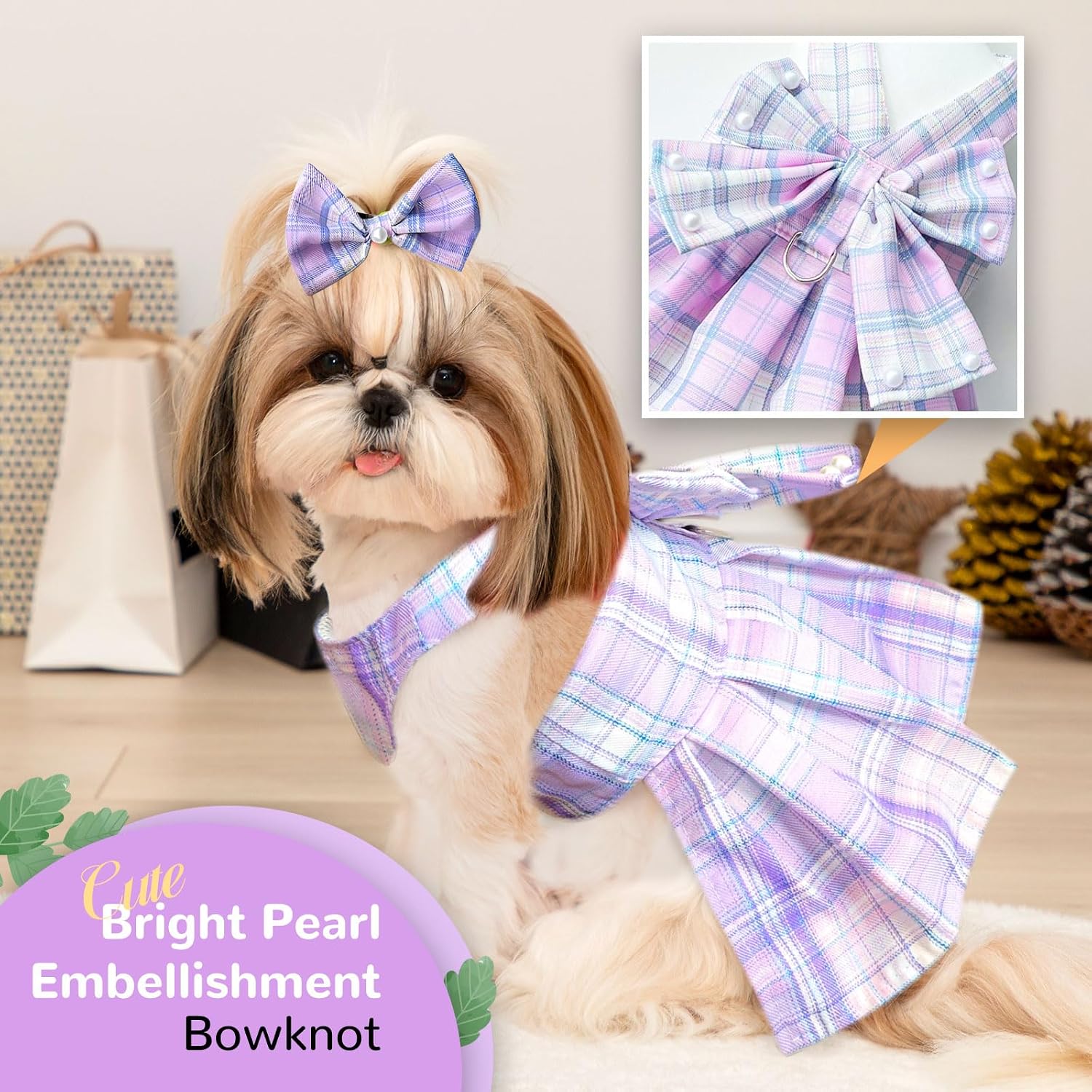 PETCARE Cute Dog Dress Clothes for Small Dogs Cats Girl Female Purple Plaid Bow Tie Dog Harness Dresses Leash Set with Pearls Bow Accessories Birthday Puppy Dress Shih Tzu Yorkies Chihuahua Outfits