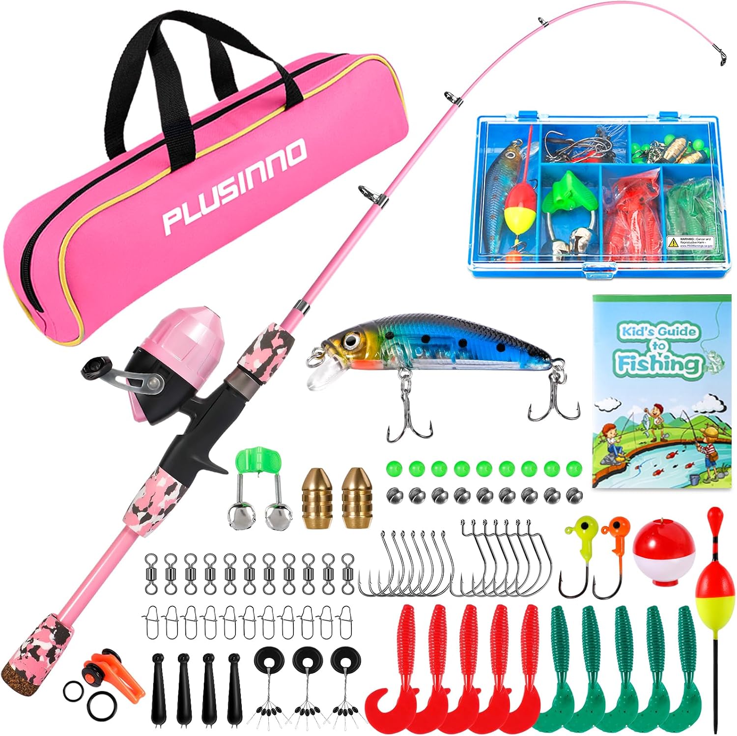 PLUSINNO Kids Fishing Pole with Spincast Reel Telescopic Fishing Rod Combo Full Kits for Boys, Girls, and Adults