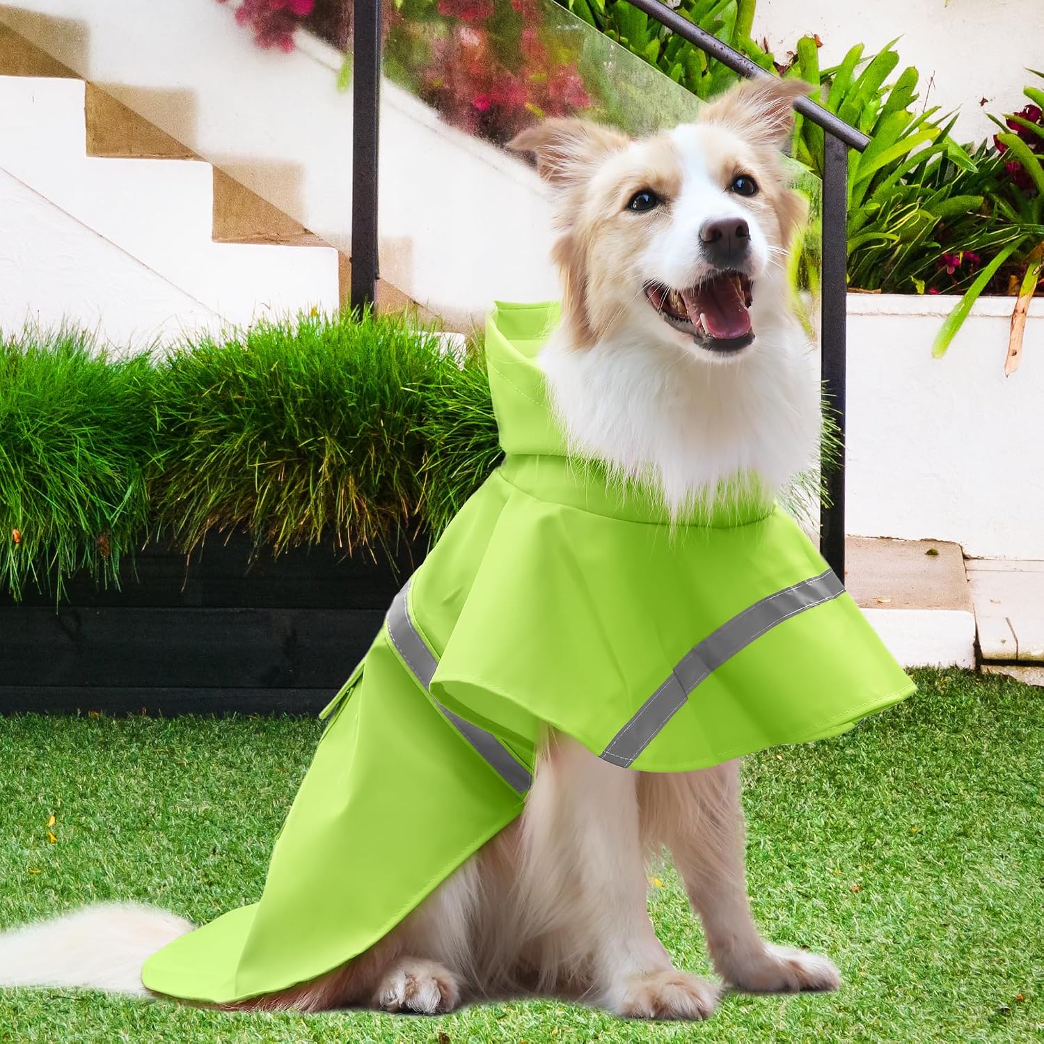 NACOCO Large Dog Raincoat Adjustable - Pet Water Proof Clothes Lightweight Rain Jacket Poncho Hoodies with Strip Reflective (M, Green)