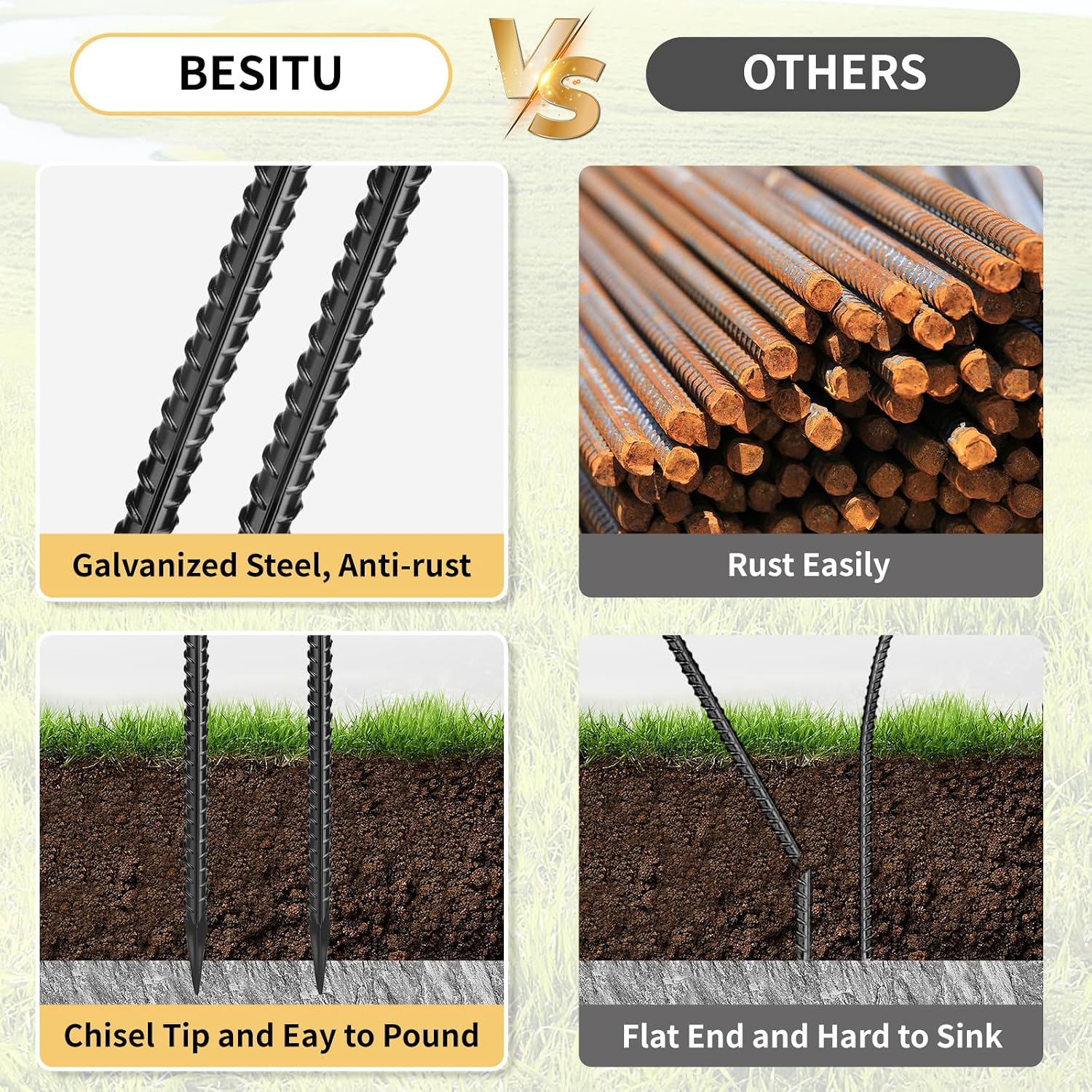 Besitu Rebar Stakes 36 inches 16-Pack Concrete Form Stakes Straight 3/8" Diameter Rebar Ground Metal Stakes for Landscaping, Securing Fence, Garden Plants Support, Survey Markers and Securing Trees