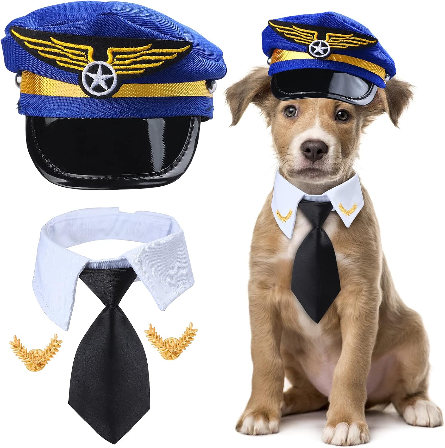 Yewong 3 Pieces Pet Captain Pilot Costume Accessory Set Dog Cat Pilot Hat Formal Necktie Collar Pilot Costume Accessories for Pet Pilot Fancy Dress Halloween Party (Set D)