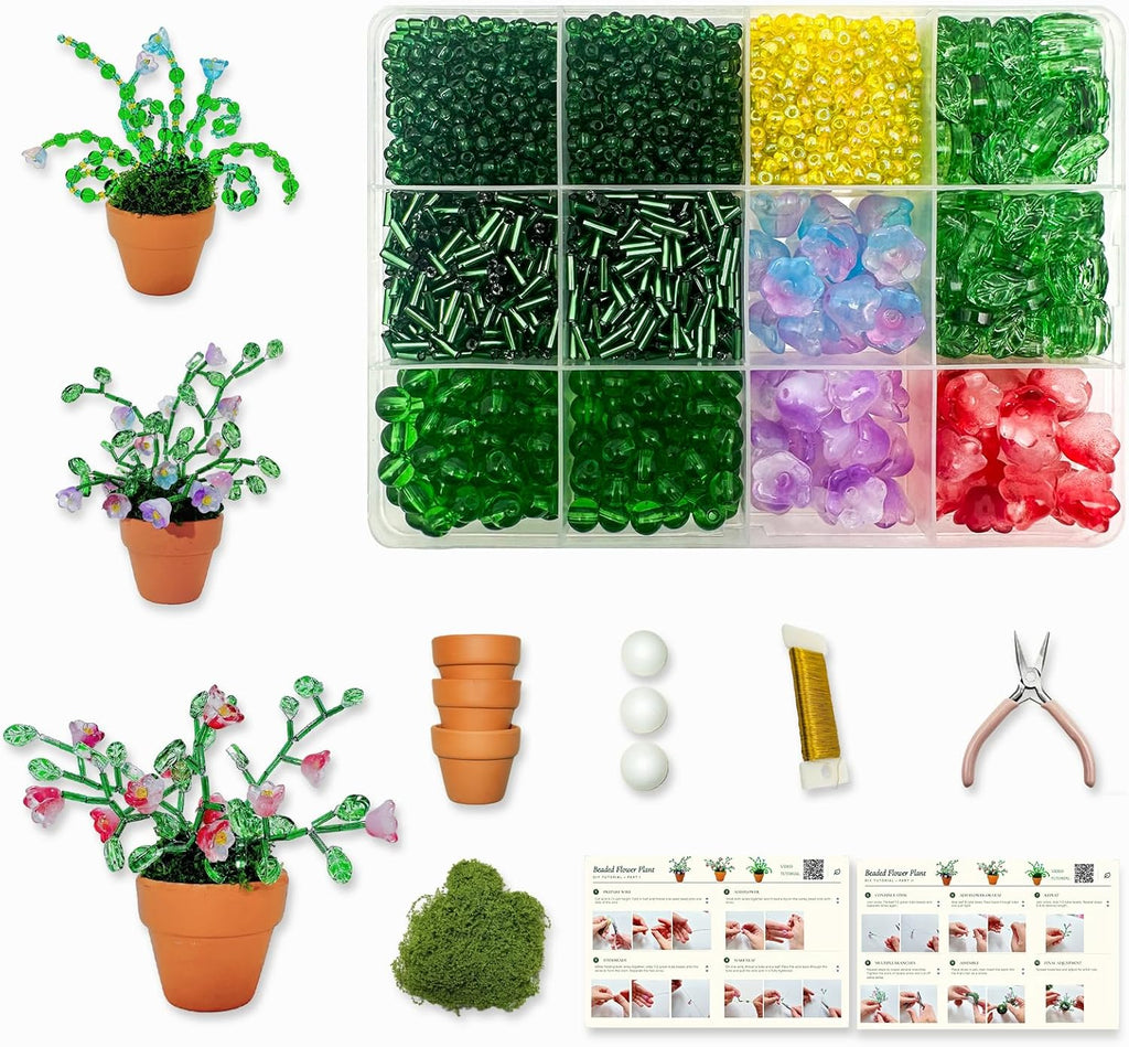 Juan's Moment Green Glass Beaded Plant Kit, Bead Craft Kit to Make Beading Flower Leaf Plants Window Suncatcher DIY Desk Decor with Pots Tools and Video Tutorial for Adults & Teens Creative Gift