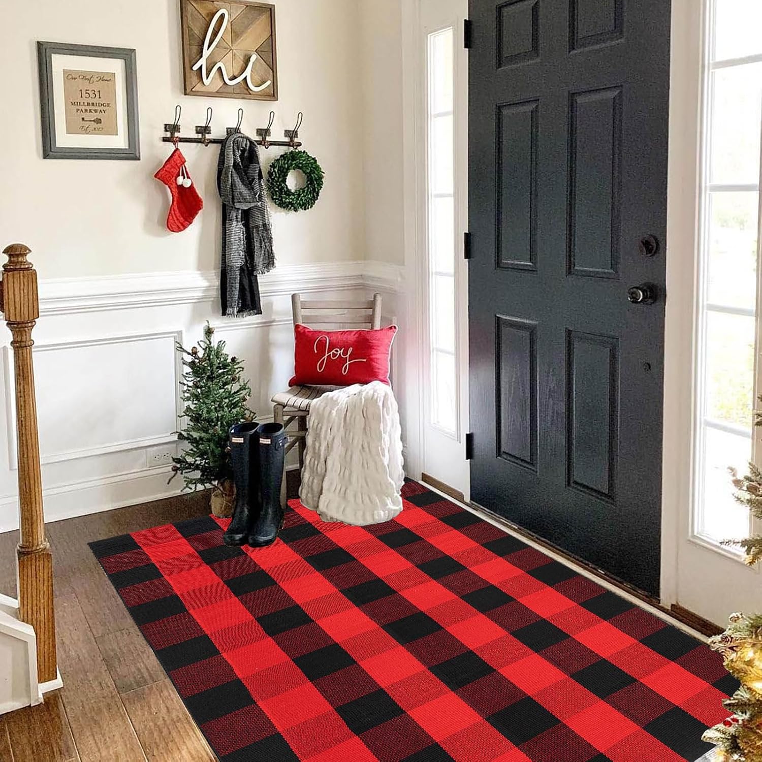 Christmas Door Mat Outdoor 35.4''x59'' Buffalo Plaid Christmas Decor Rug Cotton Hand-Woven Layered Door Mats Washable Carpet for Front Porch, Kitchen, Farmhouse, Entryway