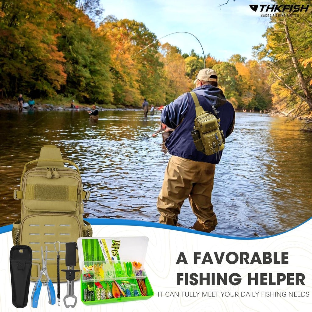 THKFISH 79 Pcs Fishing Tool Kit, Fishing Backpack with Tackle Boxes Fishing Pliers Kit Fishing Bait Lure Gear Kit Include Fish Hook Remover, Fishing Lures, Lip Gripper