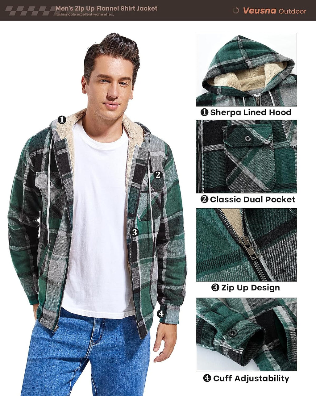 Men's Zip Up Flannel Shirt Jacket Fleece Lined with Hood