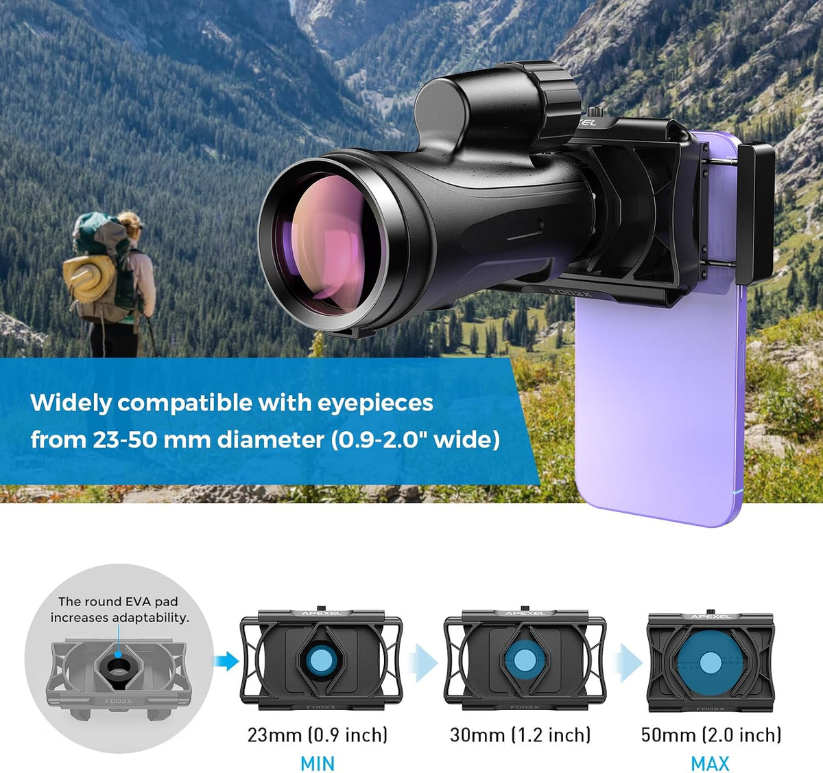 APEXEL 360° Universal Digiscoping Phone Adapter with Bluetooth Remote