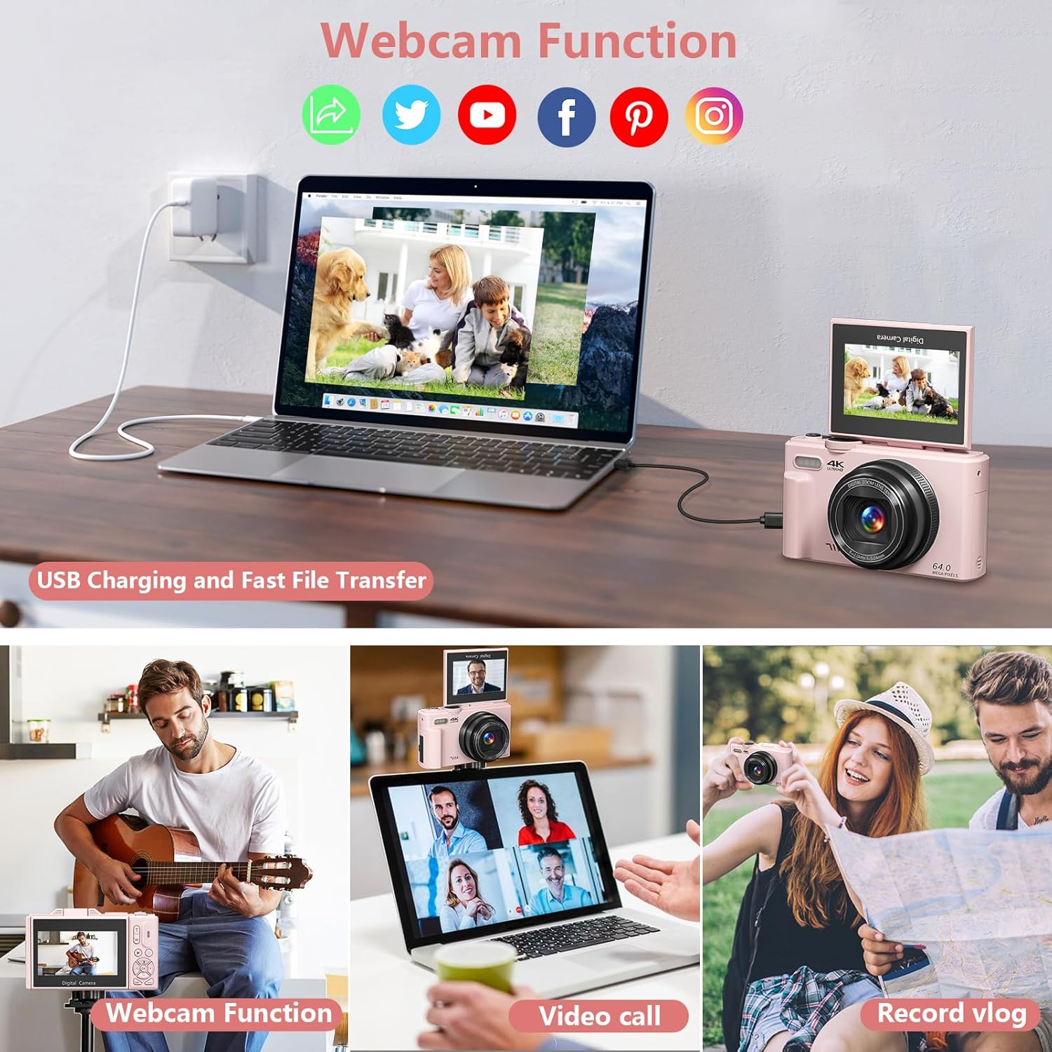 Digital Camera for Photography, 4K Vlogging Camera for YouTube 3" 180° Flip Screen 18X Digital Zoom Compact Cameras with 32GB TF Card & 2 Batteries, Pink