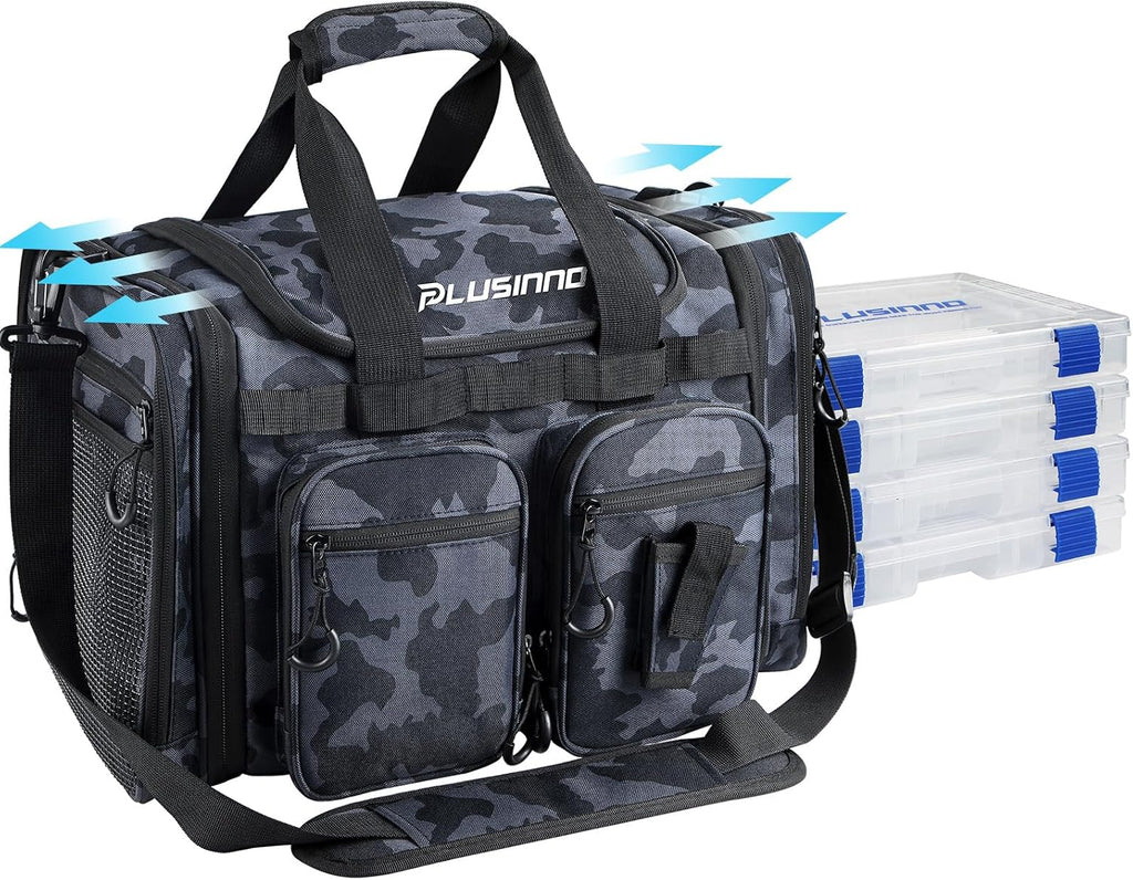 PLUSINNO Tackle Bag - Expandable Fishing Bag for Saltwater & Freshwater - Water Resistant Fishing Gear