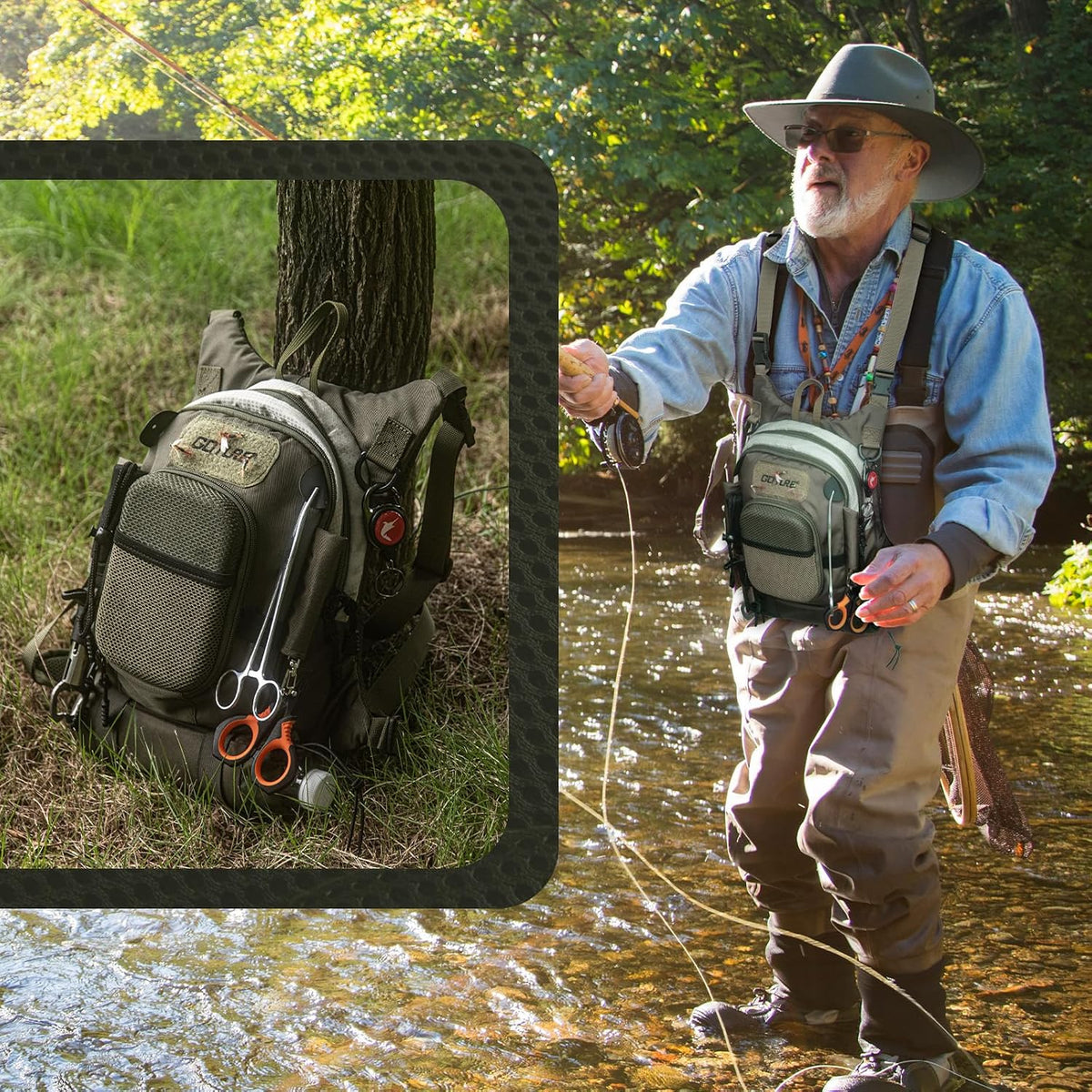 Goture Fly Fishing Chest Pack with Hard Shell Pocket & Water Bottle Holder