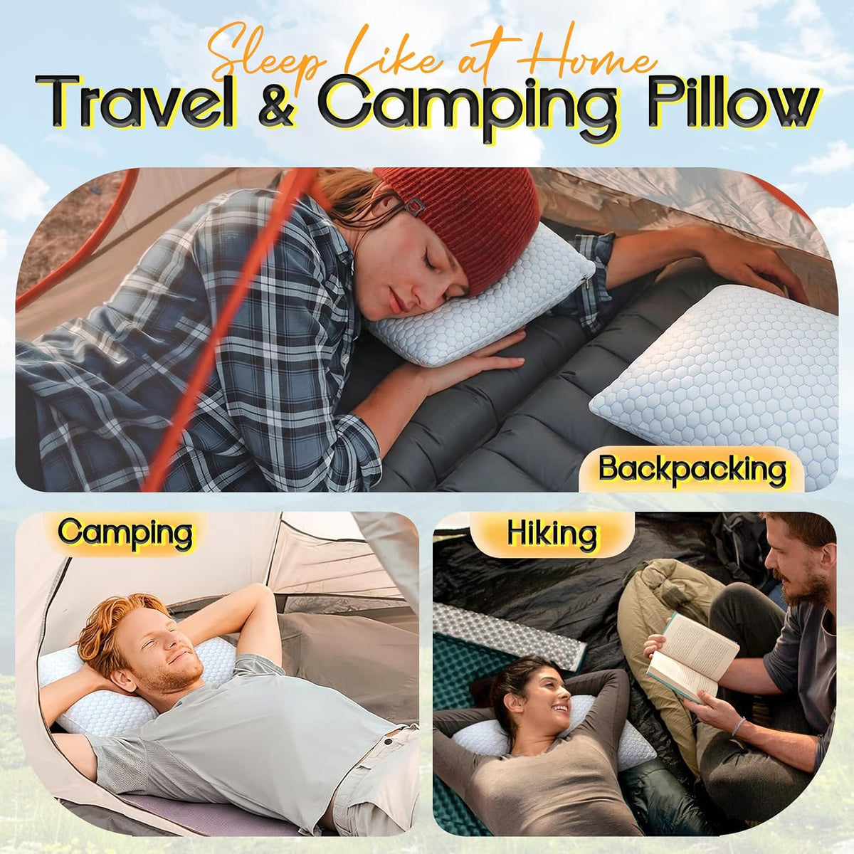 1 MIDDLE ONE Travel Pillow for Sleeping Camping, Memory Foam Small Pillow with Breathable Cover for Backpacking, Airplane, Car (15.5 X 12 Inch)