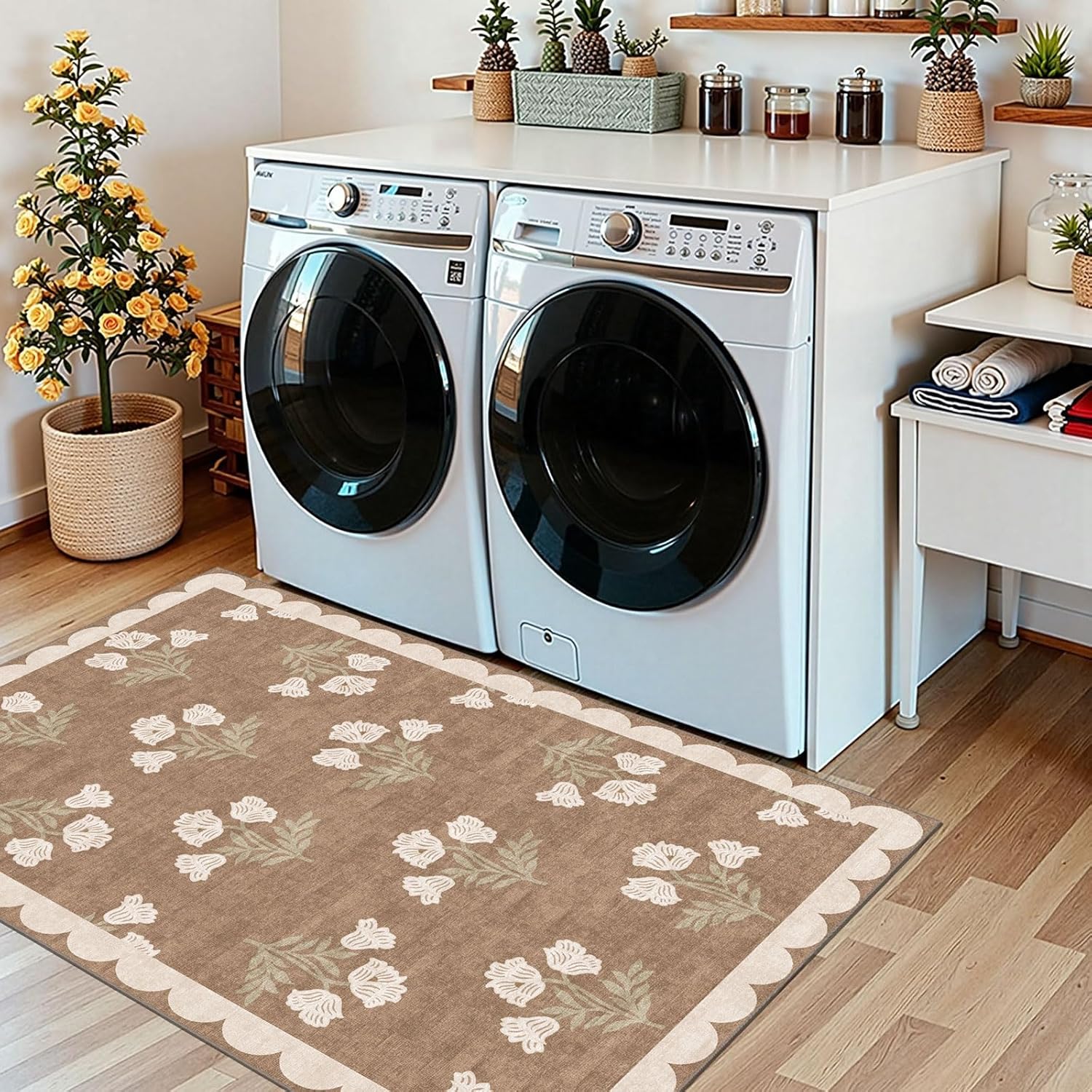 3x5 Floral Entry Rug - Small Washable Indoor Outdoor Mats for Front Door Non-Slip Porch Rug Tan Boho Neutral Farmhouse Throw Rugs for Living Room Bedroom Entryway Kitchen Office Porch Decor