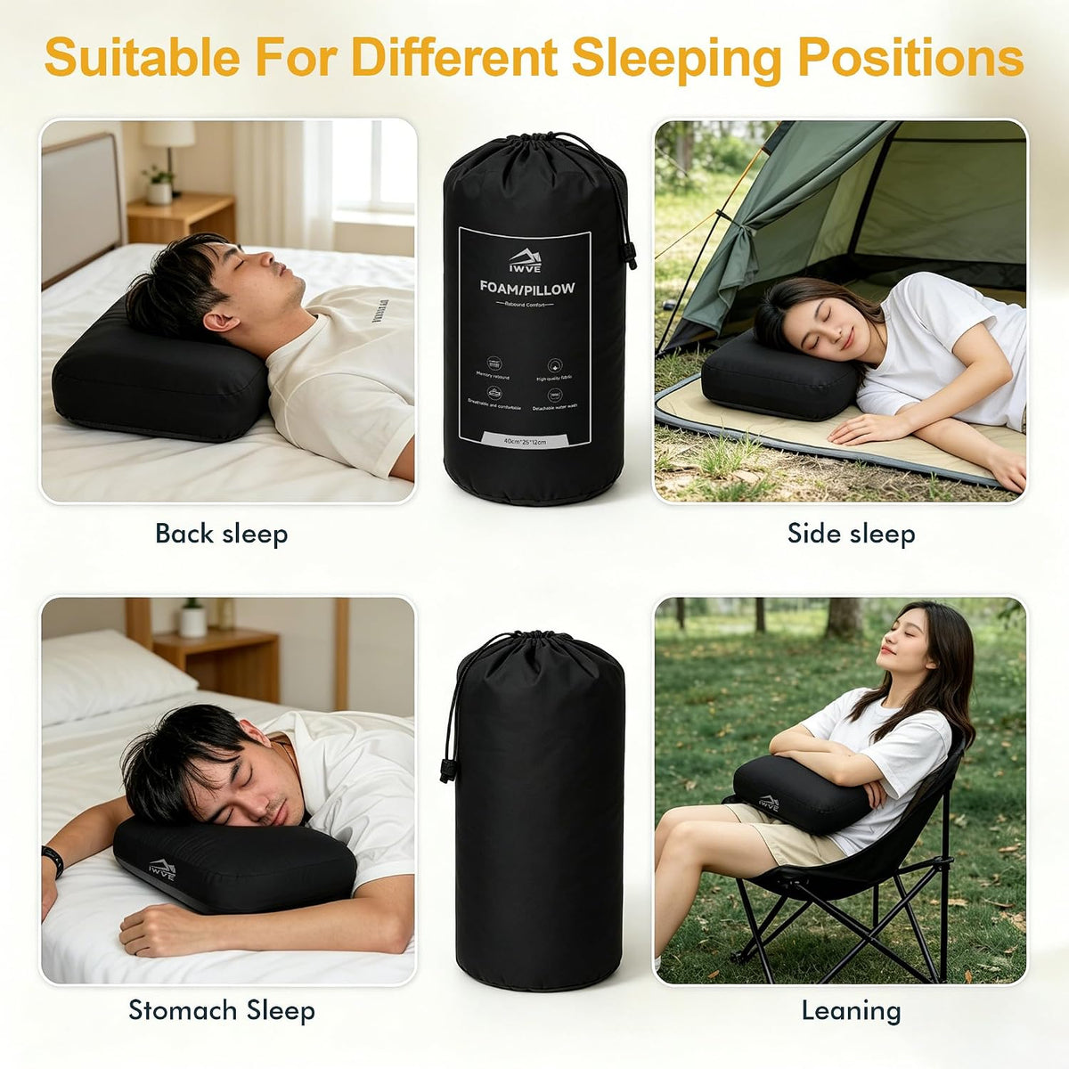 Thick Camping Memory Foam Pillow, Compressible & Ultralight Travel Pillow for Backpacking - Ergonomic Neck & Lumbar Support for Side Sleepers, Compact for Hiking, Car, Airplane (Black)