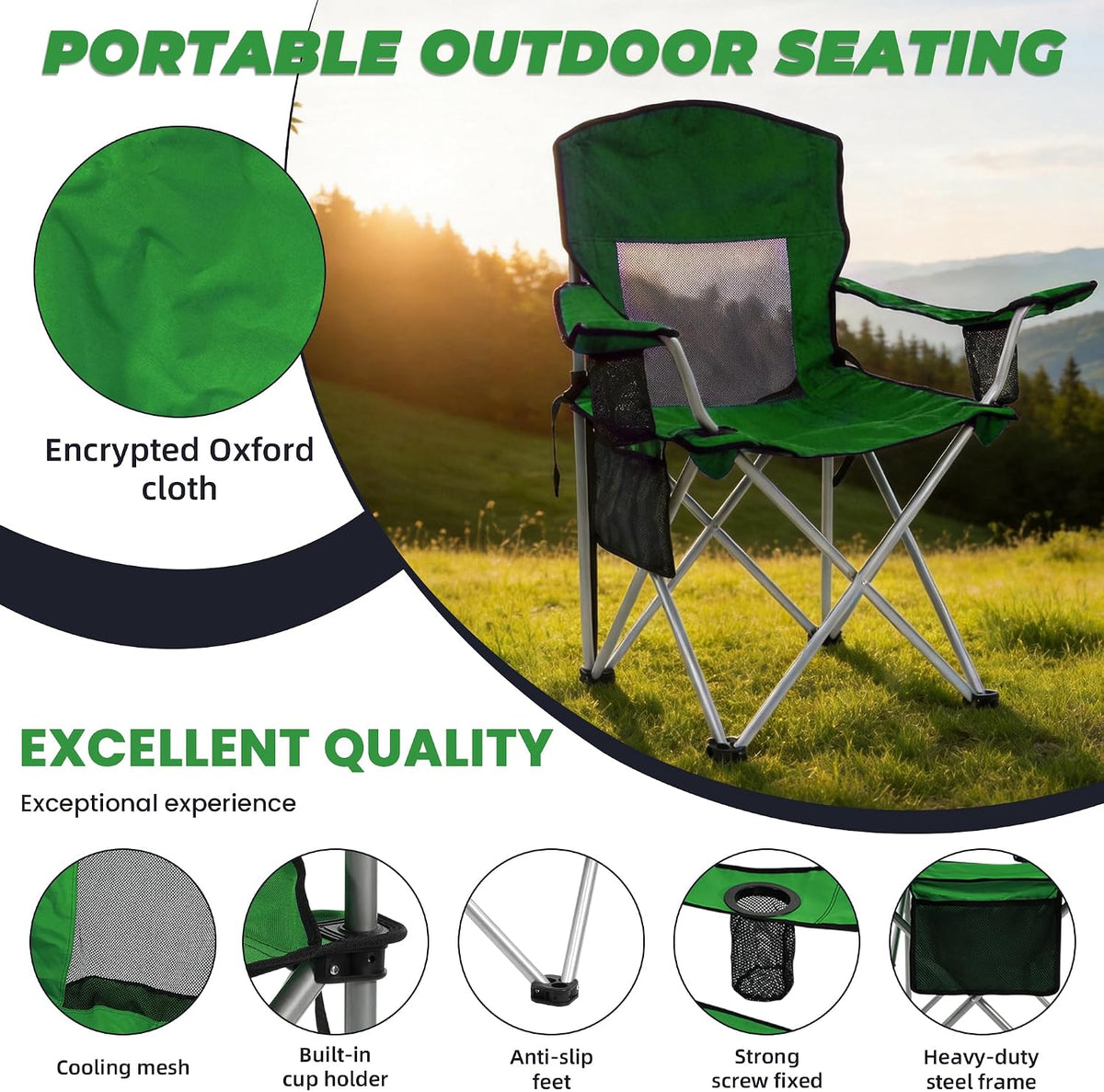 HULKFIT Folding Camping Chairs, Portable Outdoor Beach Lawn Chair for Adults with Carry Bag & Built-in Cup Holder, Casual Foldable Chair for Picnic Fishing Garden,Grass Green