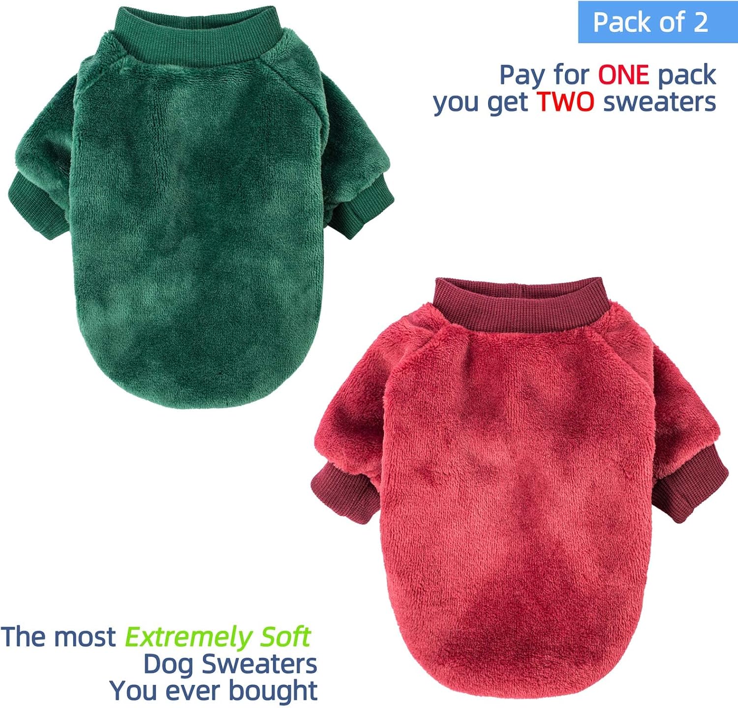 FabriCastle Christmas Dog Sweater, 2-Pack Dog Clothes, Soft and Warm Pet Jackets for Small Dogs & Cats, Winter Pet Apparel Costumes, Puppy Outfits (Dark red,Dark Green, Medium)