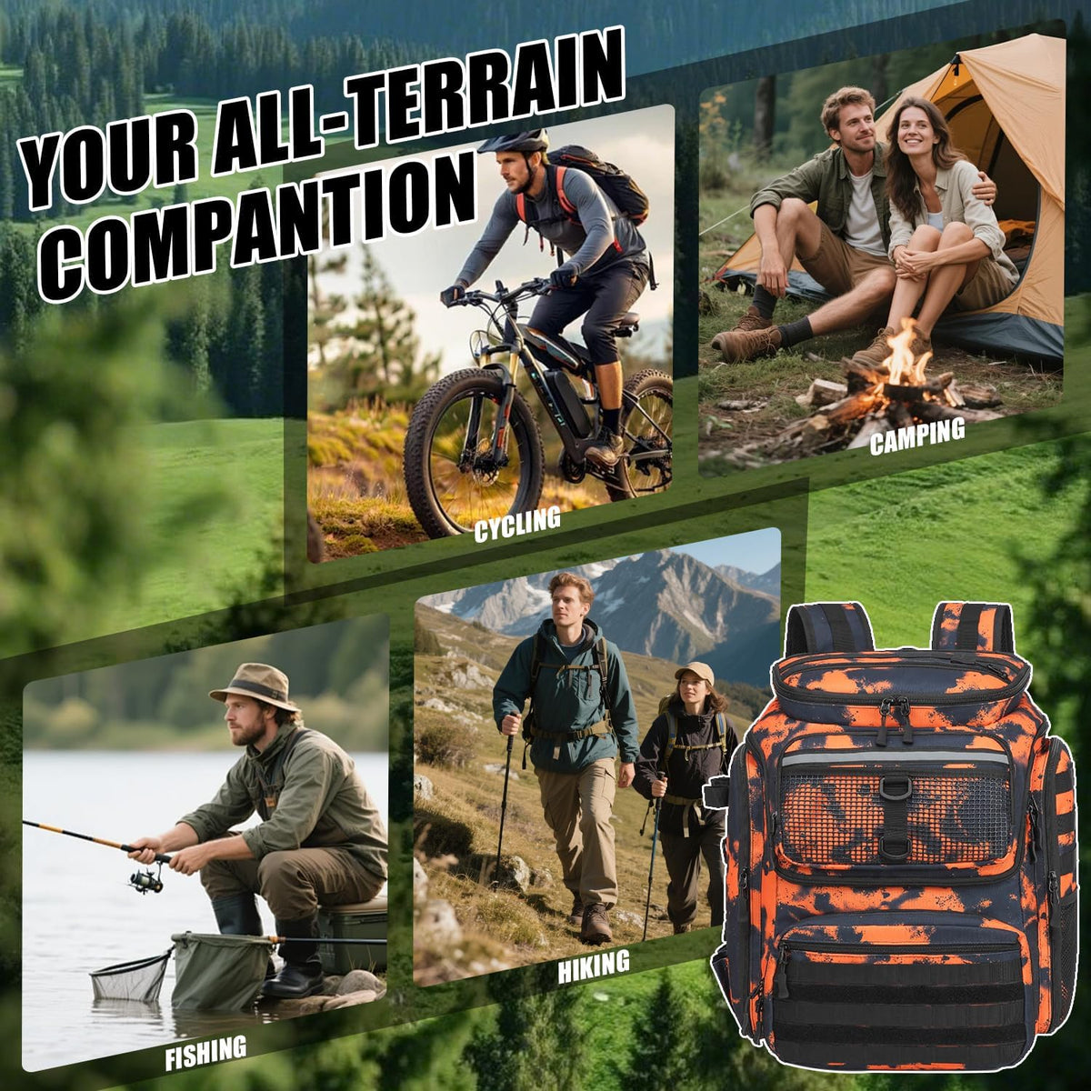 HAMBOLY 45L Fishing Backpack with Rod Holders & Built-in Foldable Divider