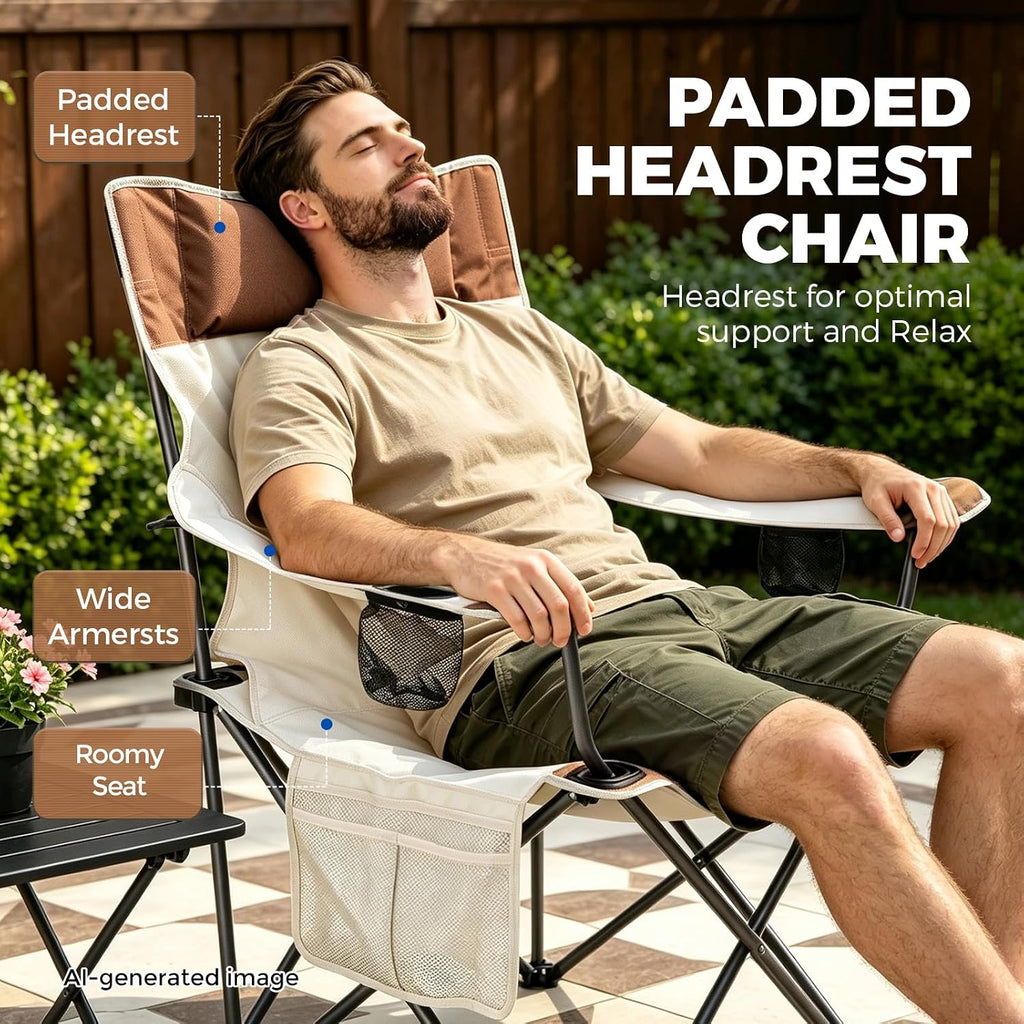 Camping Chairs 2Pack Beach Outdoor Chair for Adults Folding Lawn Chair with Cup Holder, Adjustable Backrest and Carry Bag for Tailgating, Beach, Fishing（Beige）