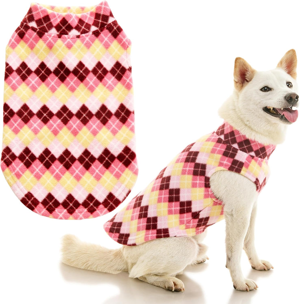 Gooby Stretch Fleece Vest Dog Sweater, Argyle Pink, Medium