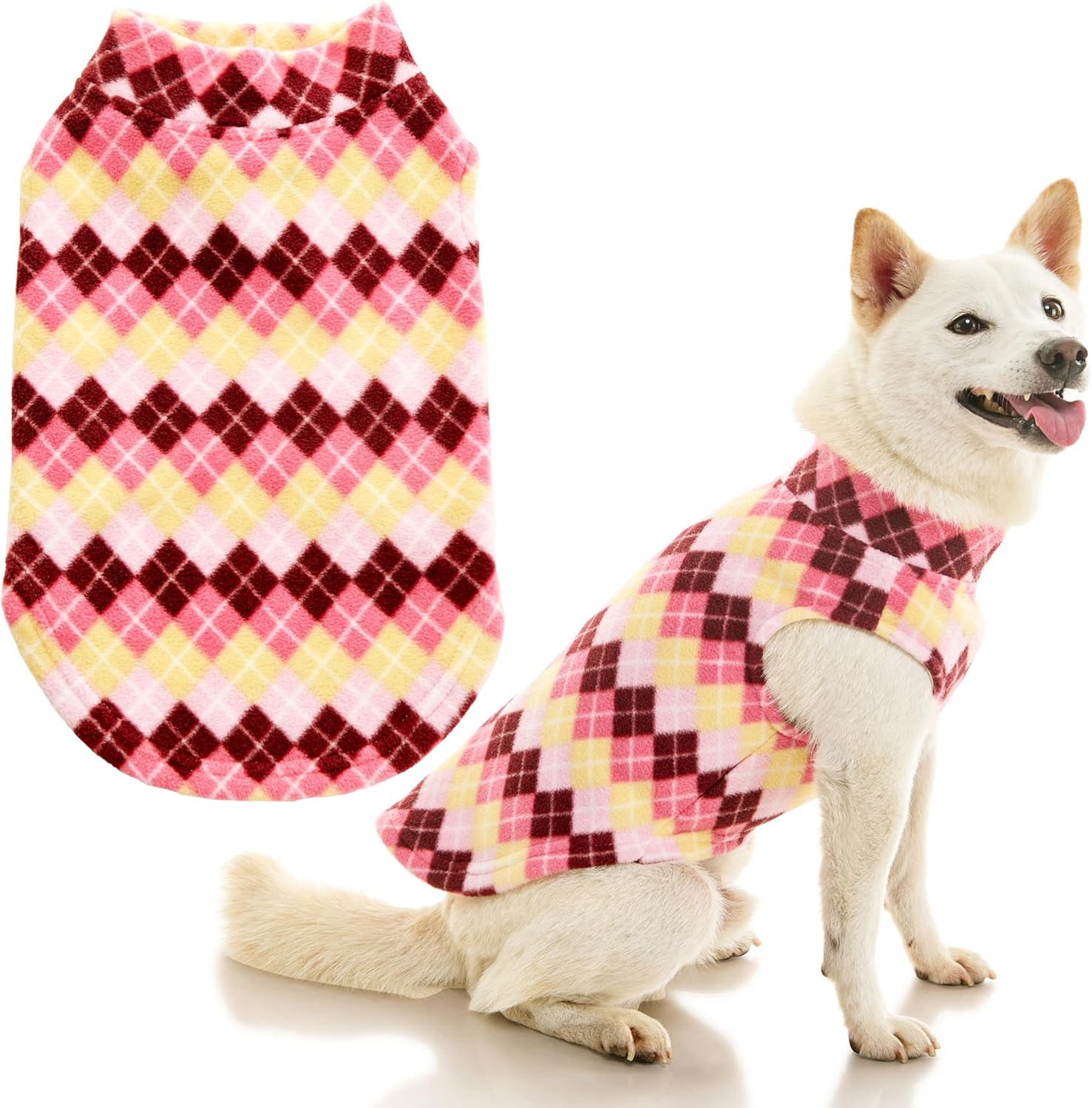 Gooby Stretch Fleece Vest Dog Sweater, Argyle Pink, Medium