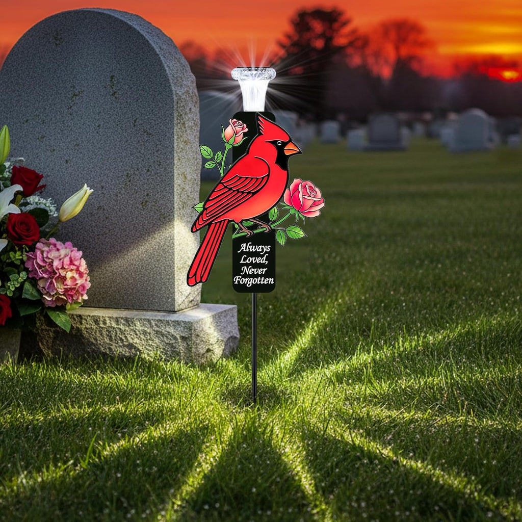 Solar Cardinal Memorial Stakes for Graves - Metal Cemetery Decorations with LED Light, Sympathy Gift for Loss of Father Dad, Mom, Grandma, Garden Grave Markers
