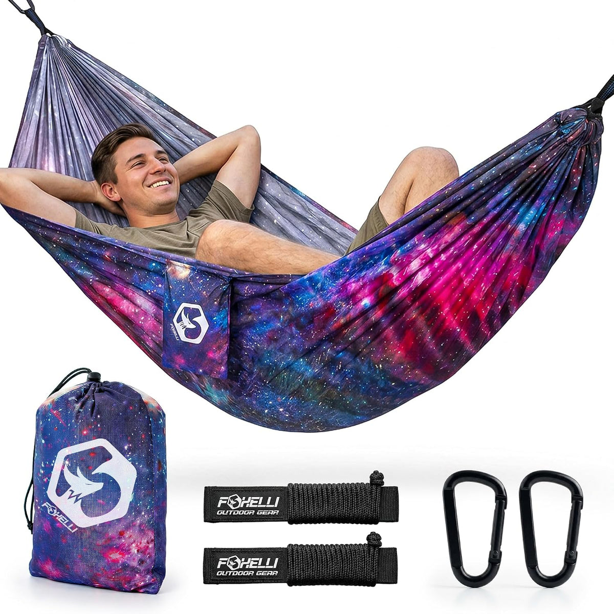 Foxelli Camping Hammock – Ultralight Hammock for Backpacking, Hiking, Festivals, Travel - Easy Setup with Tree-Friendly Ropes & Steel Carabiners, Heavy Duty Parachute Nylon