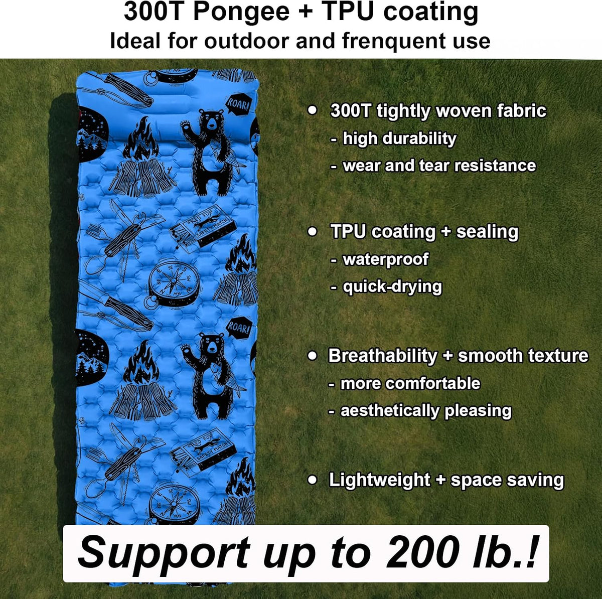 Inflatable Sleeping pad for Kids, Toddler and Youth | Air Mattress w Built-in Pump, 5’5” Ultralight Sleeping Mat with Pillow for Camping, Sleepovers & Travel | Airpad, Kids Cot, Camping Mattress -Blue