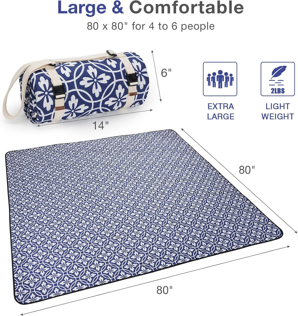 WILLOW WEAVE Large Picnic Blanket Waterproof,Outdoor Blanket - NavyBlue