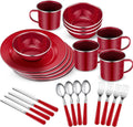 Nuogo 24 Pcs Camping Dinnerware Enamel Mugs Plates Bowls Utensils, Red