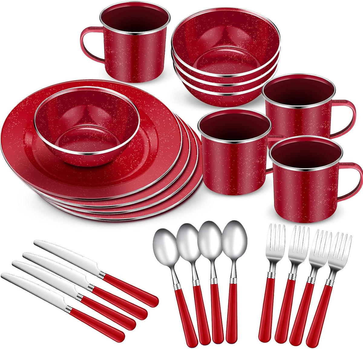 Nuogo 24 Pcs Camping Dinnerware Enamel Mugs Plates Bowls Utensils, Red