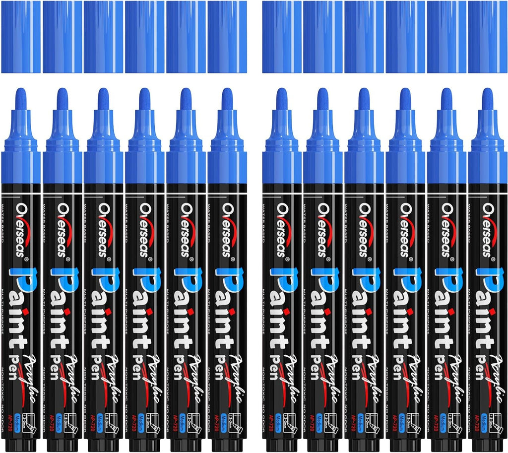 Overseas 12 Pack Blue Acrylic Paint Pens Permanent Markers, Medium Tip
