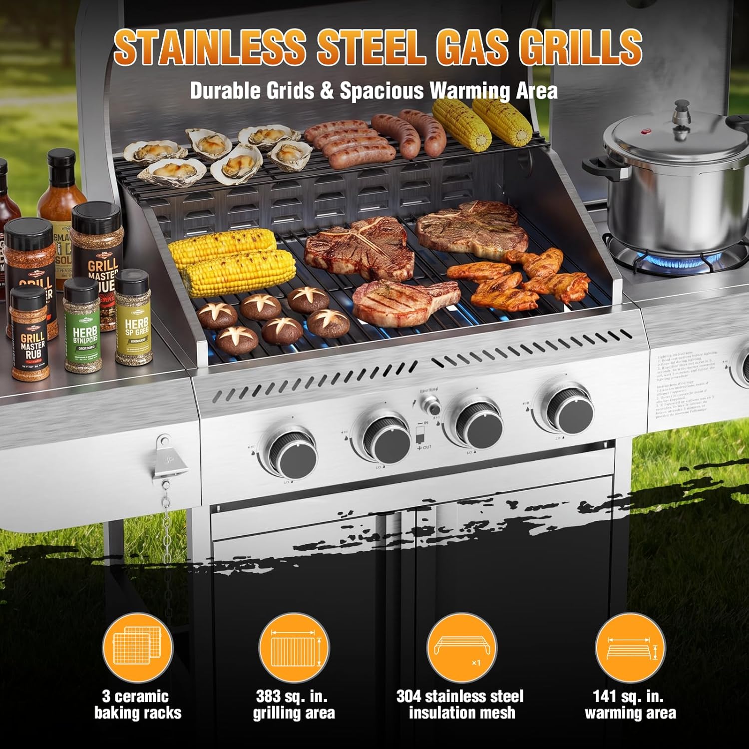 Electactic G41 Pro BBQ Grill,Heavy-Duty Stainless Steel Gas Grill, 4 Burner Gas Grill with Side Burner,42000 BTU Propane Grill for Outdoor Cooking,Barbecue,Garden and Patio Backyard
