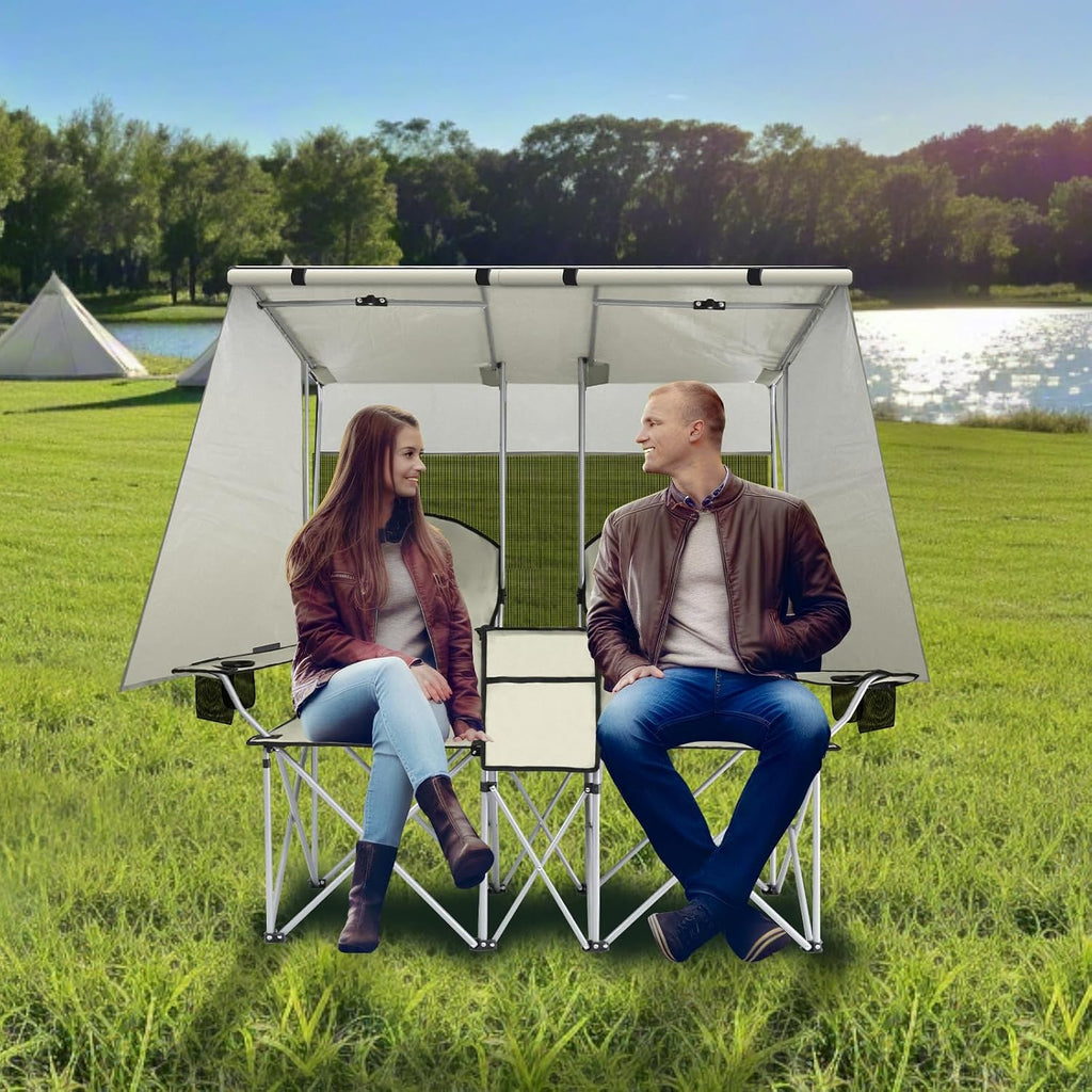 Double Camping Chair with Canopy,Beach Chair Support 600LBS,White