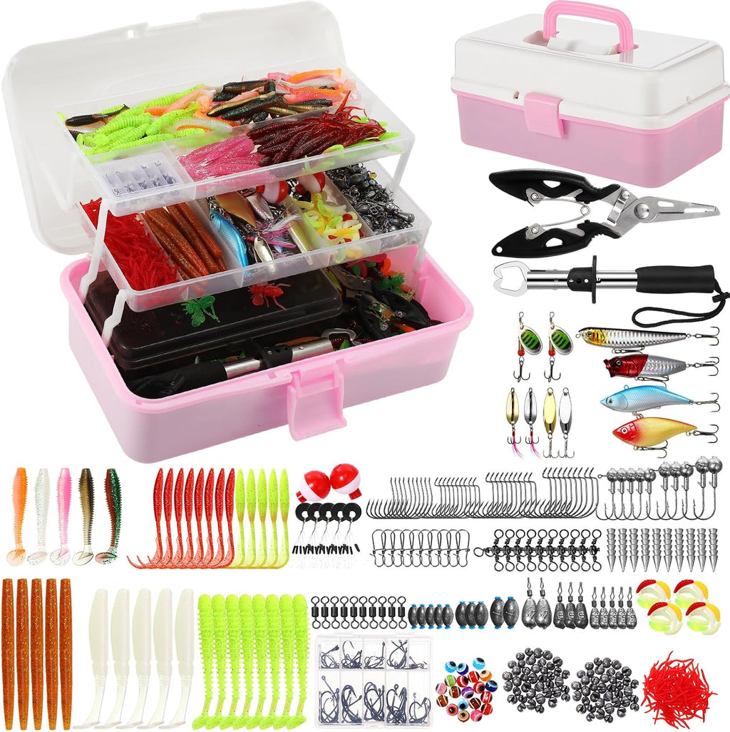 517 Pcs Large 3 Layers Fishing Lures Tackle Box Kit, Dark Green Milky White