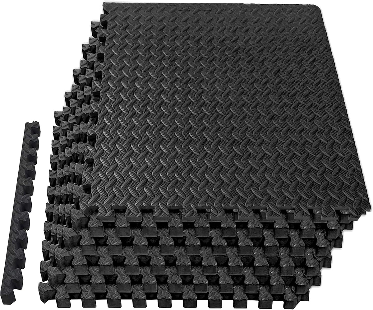 Mat Block EVA Exercise Floor Mats: Interlocking Foam Tile Performance Mats - 6 Tiles (Area: 24 SQ FT) 1/2 inch Thickness, EVA Home Gym Exercise Floor Mats for All Exercises or Equipment, Black