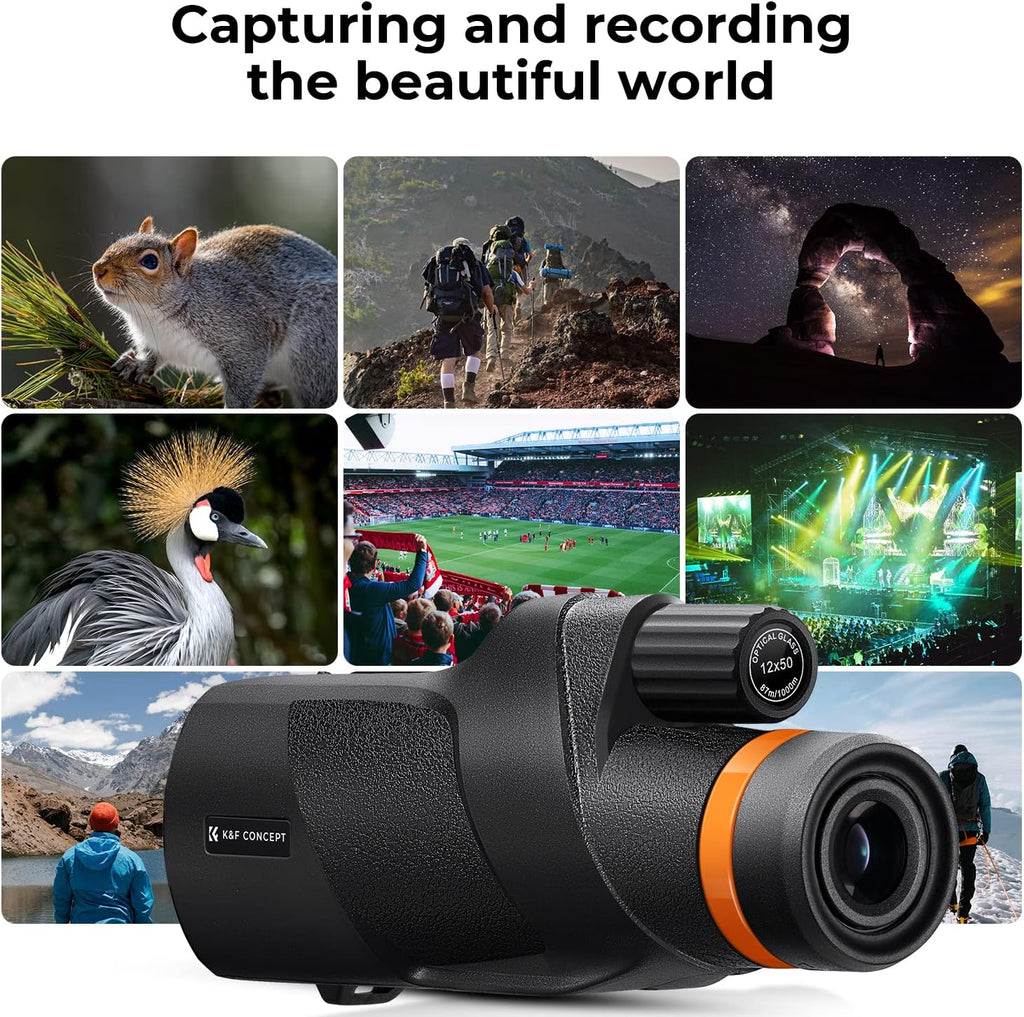 K&F Concept® IP68 10 Meters Waterproof 12X50 Monocular Telescope with Cleaning Cloth, Scope BAK-4 Prism FMC for Stargazing, Birdwatching, Hunting, Camping, Traveling, HD Monocular for Adults