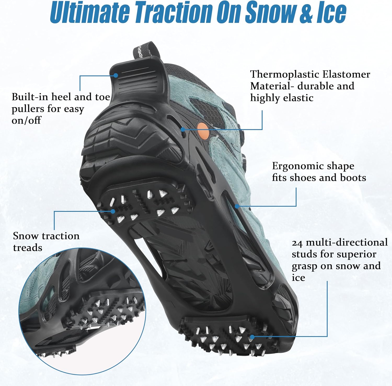 Ice Cleats Snow Traction Cleats Crampon for Walking on Snow and Ice Non-Slip Overshoe Rubber Anti Slip Crampons Slip-on Stretch Footwear